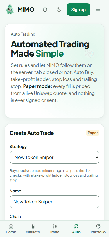 MIMO Auto trading screen on a phone