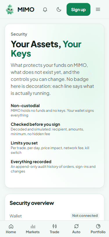 MIMO Security controls screen on a phone